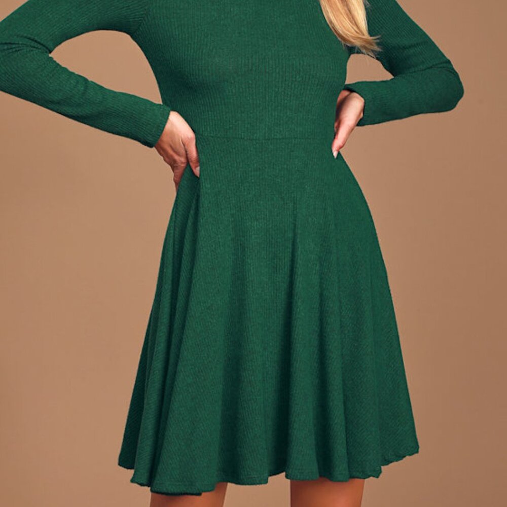Lulus Fit And Fair Hunter Green Ribbed Knit Long Sleeve Skater Dress - Size S